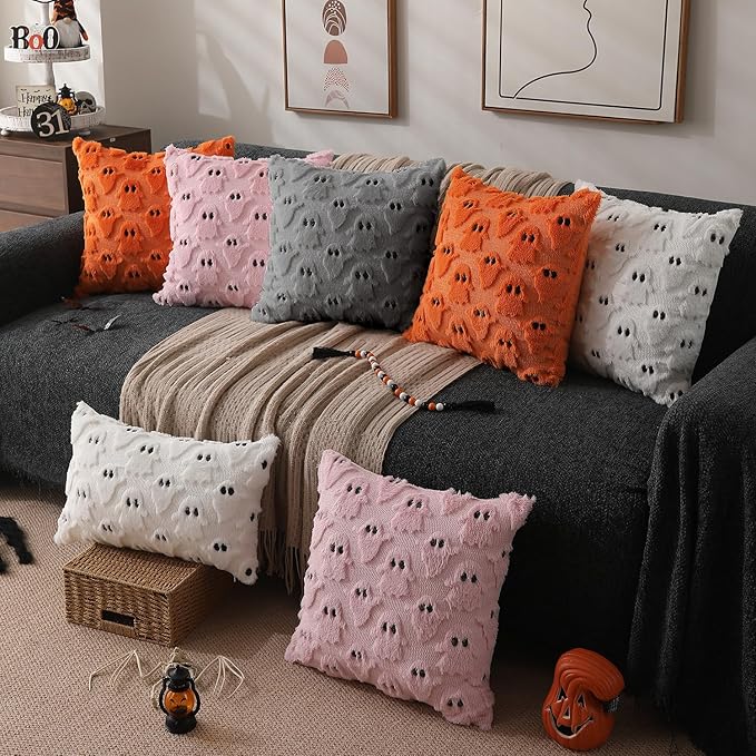 DFXSZ Halloween Pillow Covers 16x16 inch Set of 2 Silver Gray Ghost Throw Pillow Cases Soft Plush Faux Fur Wool Cushion Case for Chair Bedroom Living Room Home Decor PTK03X16