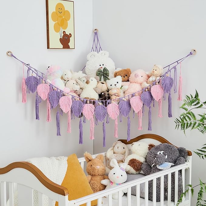 Pretty Jolly Stuffed Animal Storage with Hand Woven Leaf Tassels Hammock Corner Hanging Net Boho Macrame Plush Storage for Kid Room Nursery Decor Wall Display Organizer for Girls Boy Gift(Purple)