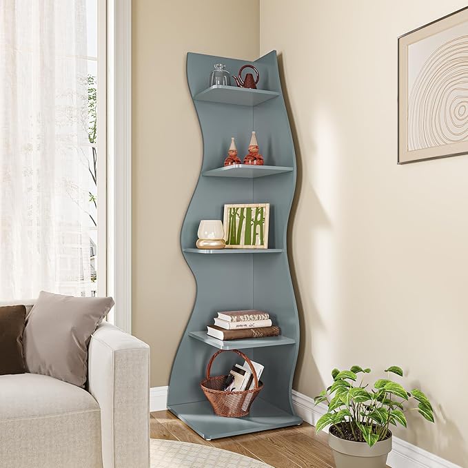 LITTLE TREE Small Corner Shelf, Modern 5-Tier Wall Corner Bookshelf, Stylish Bookcase Storage Rack for Small Space, Living Room, Bedroom, Blue, 2 Pack