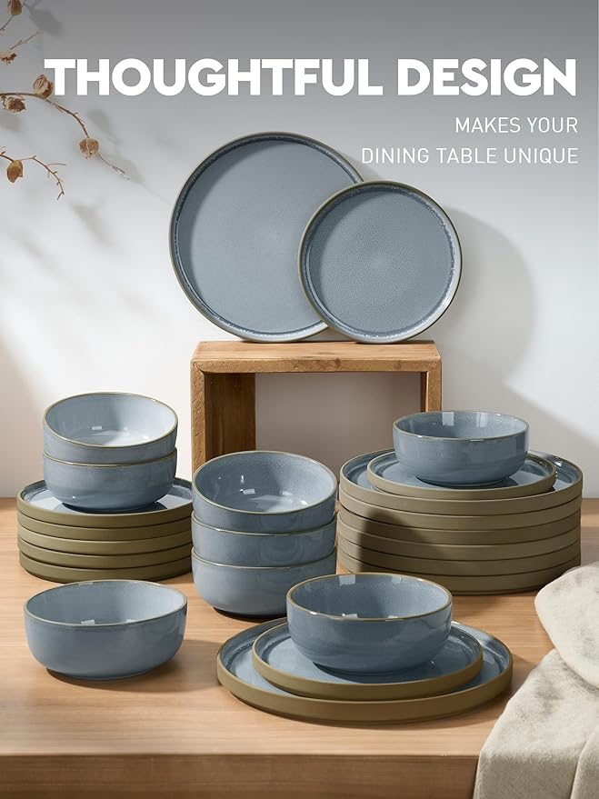 Famiware Nature Plates and Bowls Set, 24 Pieces Dinnerware Sets, Dishware Sets, Dishes Set for 8, Microwave and Dishwasher Safe, Light Blue
