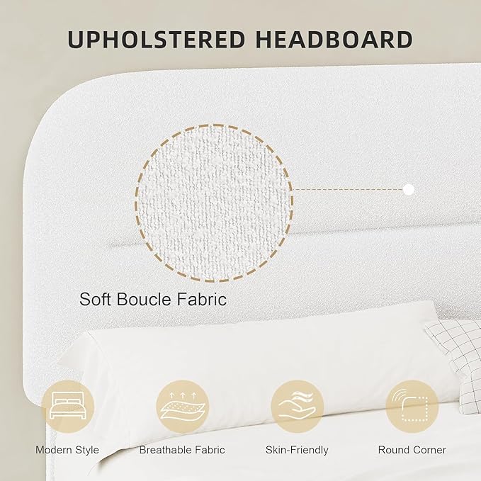 HOMBCK King Size Boucle Bed Frame, White Upholstered Platform King with Soft Headboard, Thickened Footboard, Rounded Corners, No Box Spring Required, Easy Assembly, White
