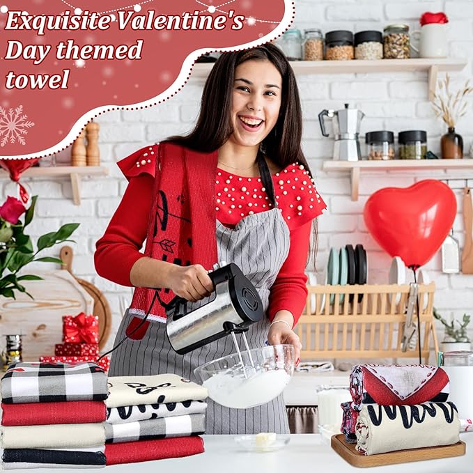 Oudain Valentines Kitchen Towels Set of 6 Red Hearts Gnome Holiday Tabletop Decor