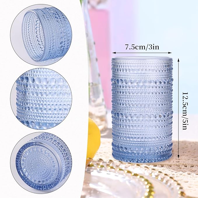 Blue Hobnail Glasses Drinking Set of 4, 12 oz Cocktail Glasses, Blue Vintage Glassware for Beer, Cocktail, Soda, Juice, Coffee and Various Mixed Drinks