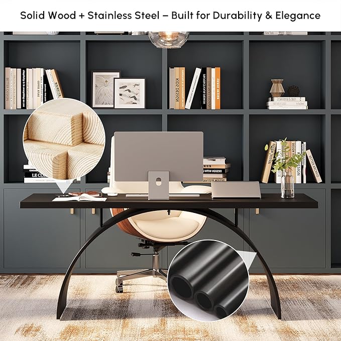 homary 70.9" Industrial Executive Desk, Black Top Desk Modern Home Office Desk with Arched Design Legs for Study, Office, Home Office