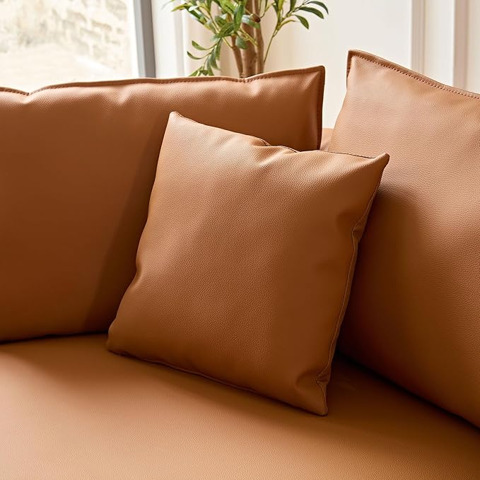 WILLIAMSPACE 124.8" Leather Curved Sofa Couch, Modern Upholstery Luxury Sofa with Pillows, Left Hand Facing Sectional Couch for Living Room (Left-Facing,Orange Leather)