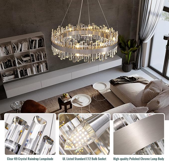 Siljoy 16-Light Modern Crystal Chandelier, Large Brushed Nickel Flush Mount Raindrop Chandelier Adjustable Height Hanging Ceiling Light Fixture for Dining Living Room Entryway Foyer 31.5 Inch