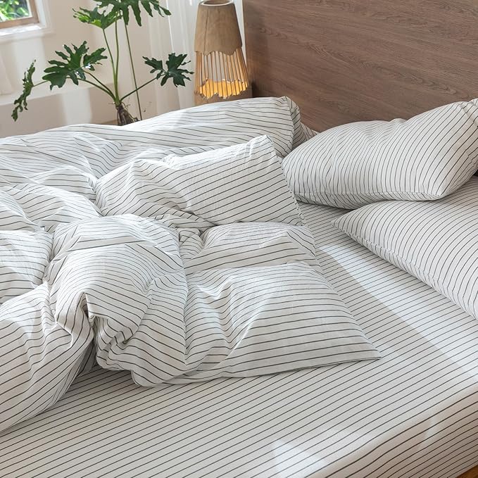 MooMee Striped Duvet Cover Set 100% Washed Cotton Linen Like Textured Breathable Durable Soft Comfy (White Heathered Green Wide Stripes, Twin 68"x90")