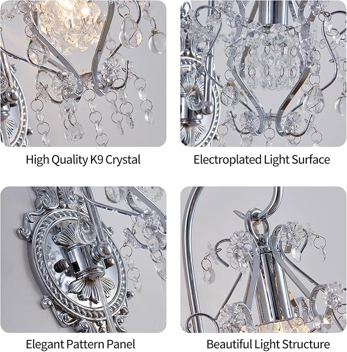 Silver Crystal Vintage Plug in Wall Sconces Set of 2 Indoor Wall Light Fixture, Modern Wall Mount Lamp Light for Bedroom Living Room Bathroom Vanity Light Hallway Light Fixture Decor LED E12