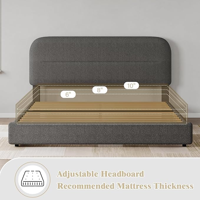 HOMBCK Queen Bed Frame Upholstered Boucle with Headboard/Thickened Footboard/Rounded Corners/No Box Spring Needed/Easy Assembly, Grey