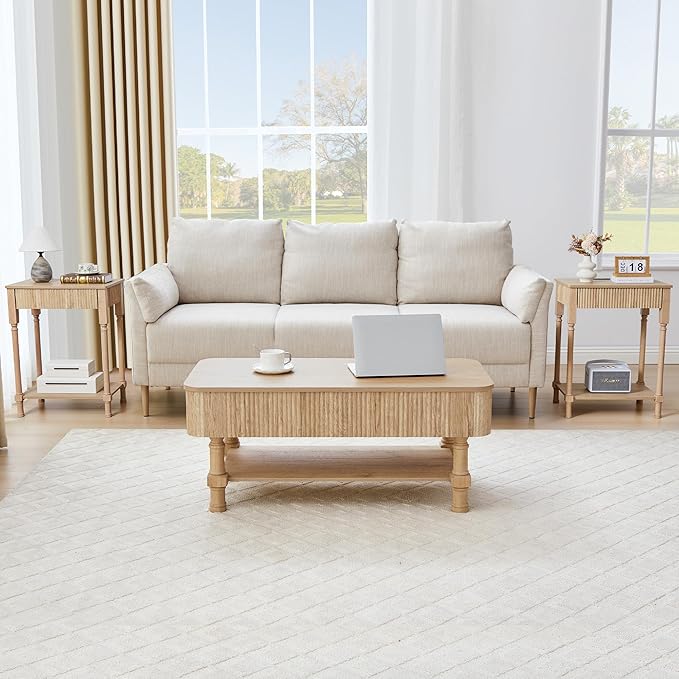 39” Large Lift Top Coffee Table with Hidden Storage Compartment, Fluted Coffee Tables Fully Assembled Wooden Center Table, Mid Century Modern Lift Tabletop Dining Tables for Living Room Office,Natural