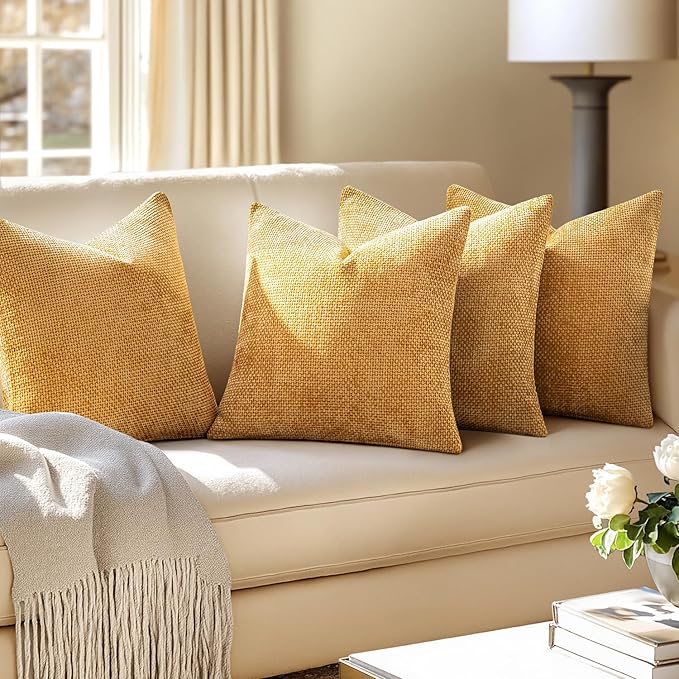 MIULEE Pack of 4 Throw Pillow Covers 18x18 Inch Gold Soft Decorative Chenille Pillow Covers Farmhouse Accent Cushion Covers for Boho Home Decor Bedroom Living Room