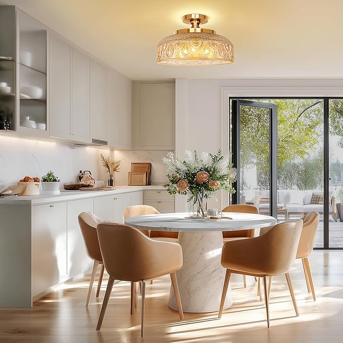 Lamomo Semi Flush Mount Ceiling Light, Upgraded Larger Hallway Light Fixture, 3-Bulb Globe Glass Close to Ceiling Scone, Amber Indoor Hanging Light for Bedroom Kitchen Porch Hallway,Bulbs Not Included