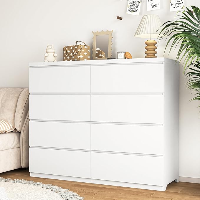 Dresser for Bedroom,Modern Large Wood Dresser,8 Chest of Drawers,Living Room,Hallway,Entryway,TV Stand Drawer Organizer(White)