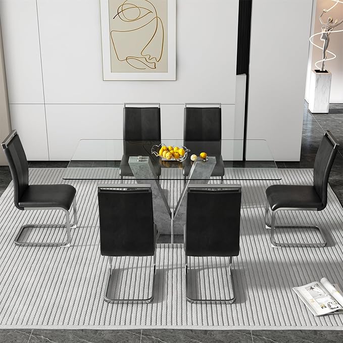 71" Glass Dining Table Set for 6, Kitchen Table and 6 PU Leather Chairs, Dining Table Set Ideal for Living Room
