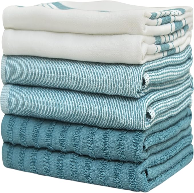 Premium Kitchen Towels 6 Pack Large Cotton Flat Terry Absorbent Tea Towels with Hanging Loop Aqua Striped 20x28