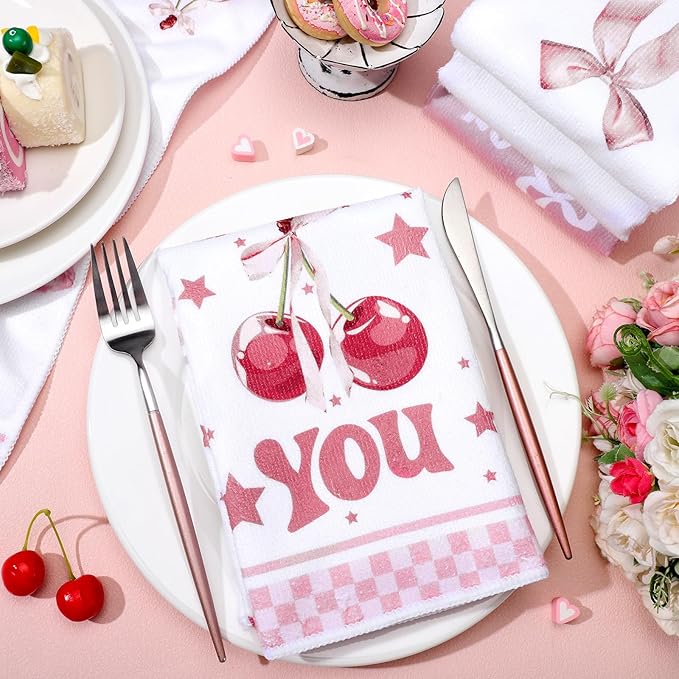Oudain Pink Coquette Dish Towels Gift Set of 6 Decorative Kitchen Hand Towels, Bow Cherry