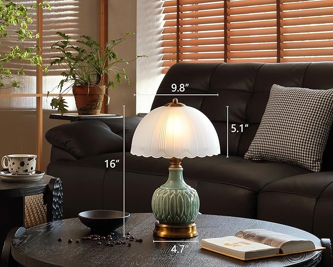 Vintage Lamp for Living Room,16" Modern Ceramic Table Lamps for Bedroom,Retro Bedside Nightstand Traditional Lamps, Classic Chinoiserie Green Lamp for Home Decor (LD002)