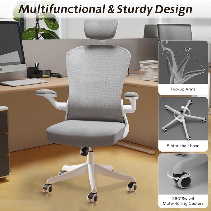 Ergonomic Office Chair with Adjustable Lumbar Support & Flip-Up Armrests - High Back Desk Chair with Thickened Seat Cushion, Rolling Wheels for Home/Office Study Work