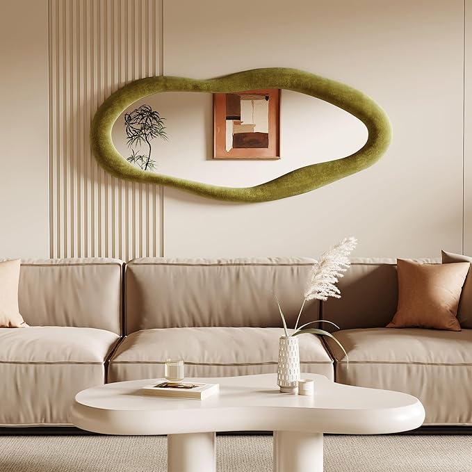 Honyee 55" x 24" Wall Mirror, Flannel Wrapped Wooden Frame Wavy Mirror, Irregular Mirror Hanging for Cloakroom/Bedroom/Living Room, Green