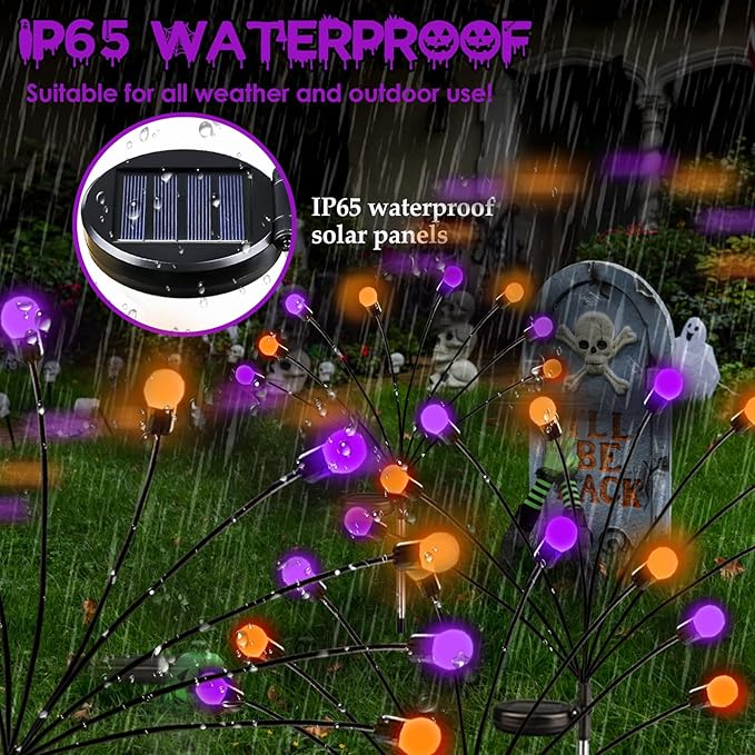 Halloween Decorations Outdoor Solar Pathway Lights, 6 Pack 48LED Solar Firefly Lights Orange and Purple, Sway by Wind, Waterproof Solar Halloween Lights for Patio Garden Yard Lawn Horror Party Decor