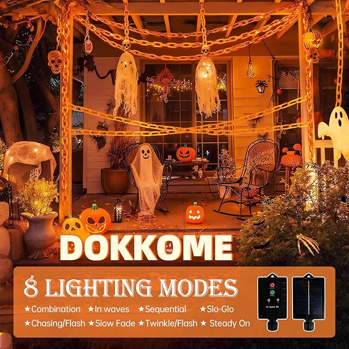 Solar Halloween Chain String Lights Decoration, Upgraded 10Ft 160LED Orange Plastic Lights with 8 Lighting Modes for Indoor Outoor Halloween Party Cosplay Haunted House Spooky Decor