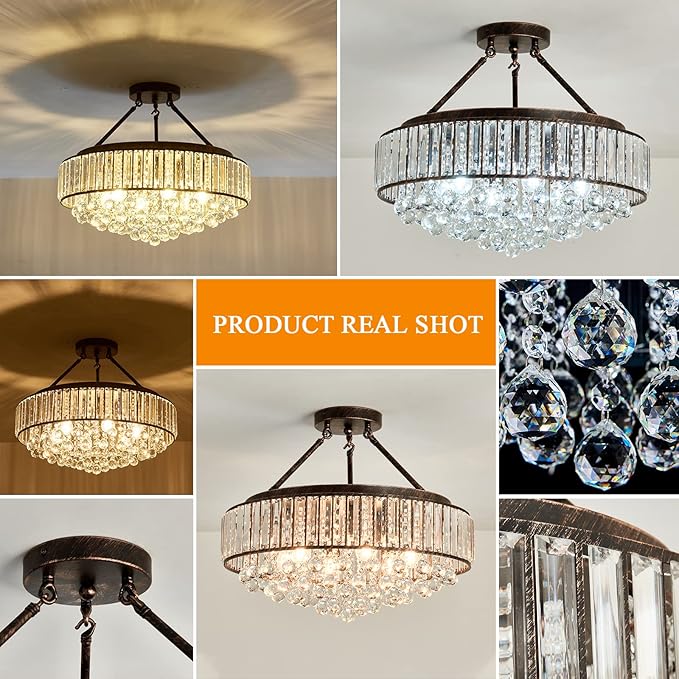 YYJLX 6 Light Modern Crystal Oil Rubbed Bronze Metal Semi Flush Mount Ceiling Light Fixture E26 Indoor Round Ceiling Lamp for Dining, Living, Foyer, Kitchen, Bedroom