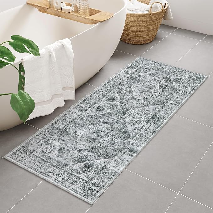 Uphome Boho Tribal Bath Mat Runner, Grey, 2' x 5' (Runner), Non Slip, Machine Washable
