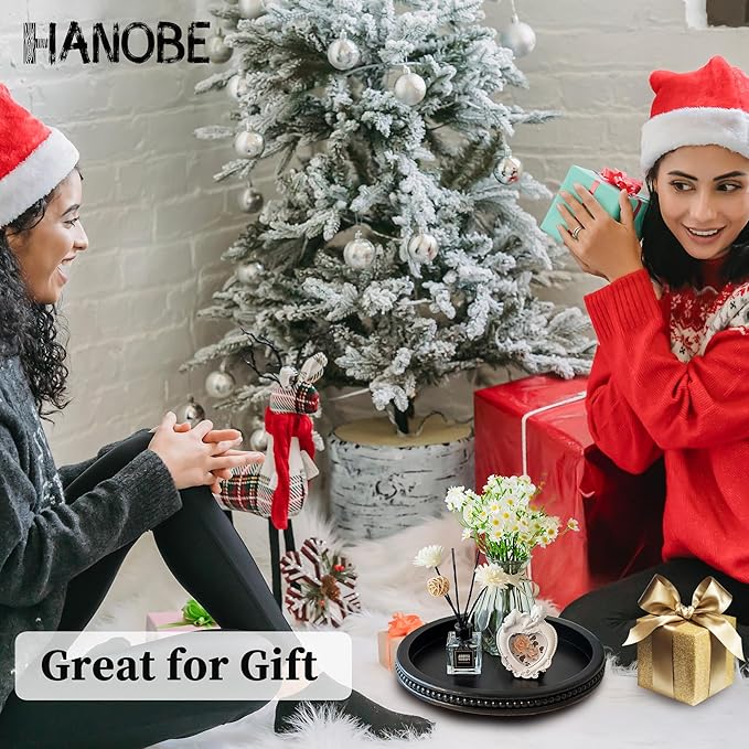 Hanobe Decorative Serving Tray Wood: Black Bead Round Tray for Rustic Wooden Trays Decor Farmhouse Kitchen Counter Circle Tray Vintage Centerpiece for Living Room Home Organizer