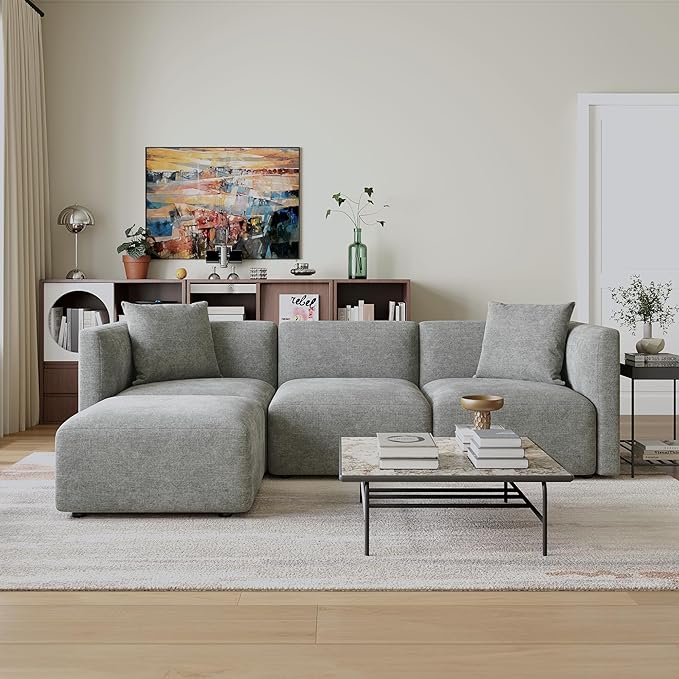 Acanva Luxury L-Shaped Upholstery Convertible Modular Sectional Sofa, Contemporary Reversible Couch with Chaise Lounge for Living Room, Apartment, Linen-Like Grey