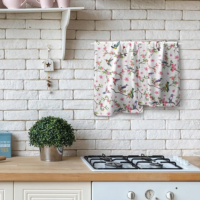 Birds Flower Hand Towel 2 Pack Hummingbird on Branch Pink Floral Decorative Kitchen Dish Towels Watercolor Bird Spring