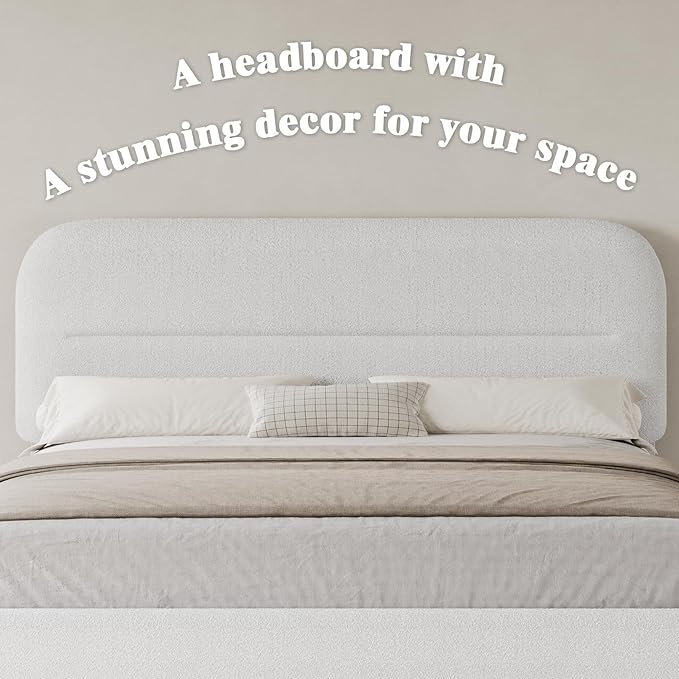 Queen Size Boucle Bed Frame, Upholstered Queen Size with Headboard, Soft Cloud Bed with Thickened Footboard, Rounded Corners, No Box Spring Needed, Easy Assembly, White