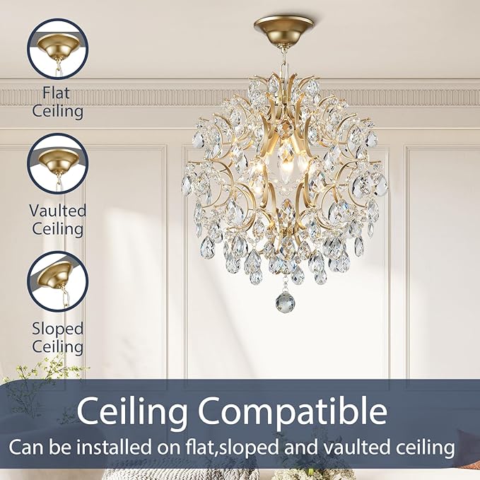 Bestier Modern Gold Pendant Chandelier Crystal Raindrop Lighting Ceiling Light Fixture Lamp for Dining Room Bathroom Bedroom Livingroom entryway 3 E12 Bulbs Required D16 in x H18 in
