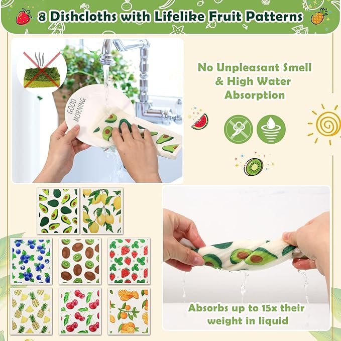 Lucomb Swedish Dish Cloths 8 Pack Reusable Quick Dry Kitchen Dish Towels, Mixed Fruit