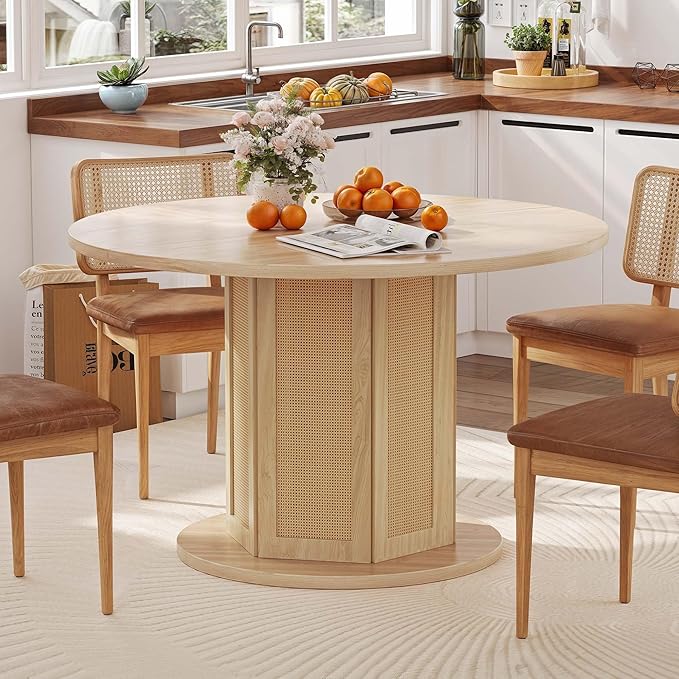 DWVO Round Dining Table for 4-6 People, 47 Inch Farmhouse Kitchen Table with Rattan Circular Base, Natural Oak
