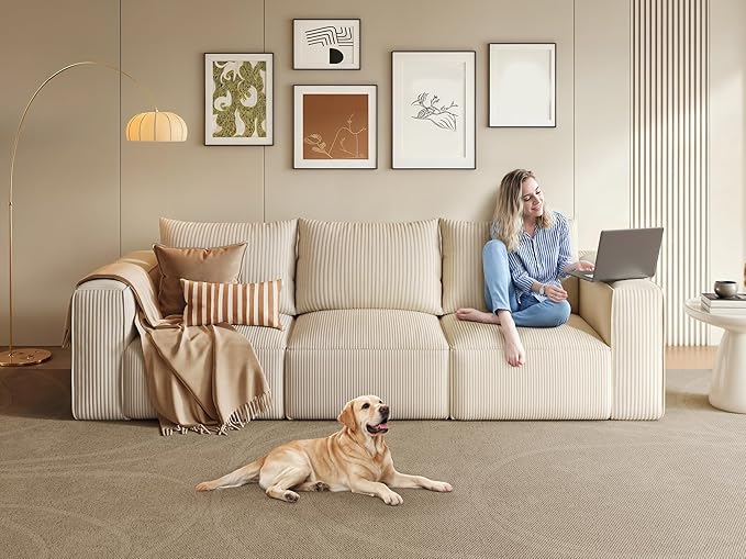 YITAHOME Oversized Deep Modular Sectional Sofa, Cloud Couch 3-Seat Sofa with 3 Pillows, Corduroy Sectional Couches for Living Room, Apartment, Office, Hotel, Bedroom, No Assembly Required, Milky White