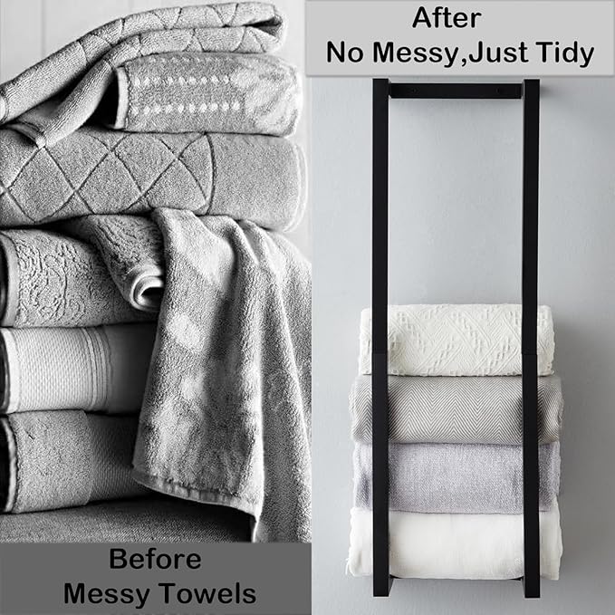 Towel Rack for Rolled Towels, Towel Rack for Bathroom,Wall Mounted Metal Bathroom Organizer, Bath Towel Holder Wall for Modern Small Space Bathroom Towel Storage (Black)