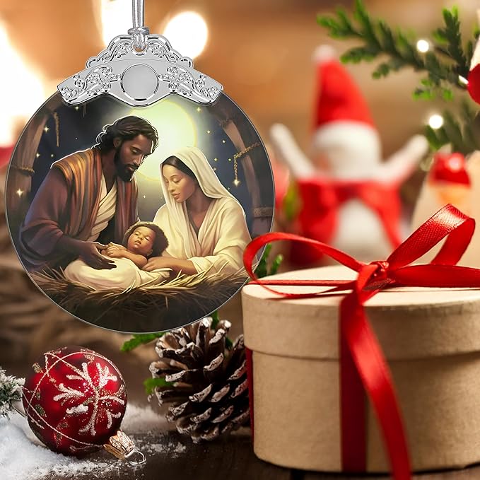 Nativity Christmas Ornaments, 3" Stained Glass Christmas Decor, Religious Ornaments for Christmas Tree, Christian Gifts for Kids, Religious Gifts for Women, Perfect for Holiday Party, Window, Tree