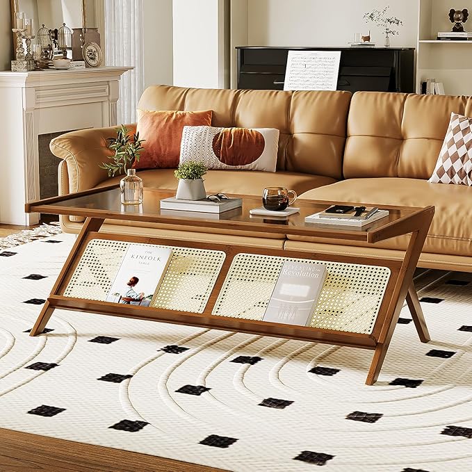 Bamworld Mid-Century Modern Coffee Table with Glass Top Rattan Center Table with Storage for Living Room Table Brown