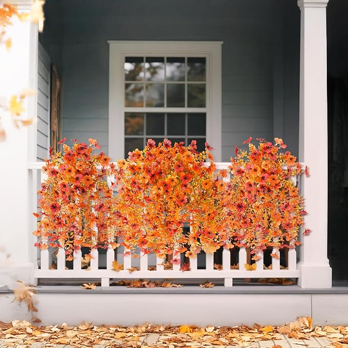 INQCMY Artificial Fall Flowers for Outdoors Fake Mums Hanging Flowers Plants 2Pcs UV Resistant Faux Flowers for Porch Patio Outdoor Decor Home Decor (Orange Autumn Red)