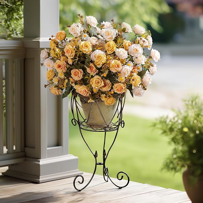Artificial Flowers for Outdoor 4 Bundles Rose Bouquet with Daisy Faux Flowers UV Resistant for Home Indoor Outside Garden Porch Window Box Balcony Yard Porch Decor (White+Yellow)