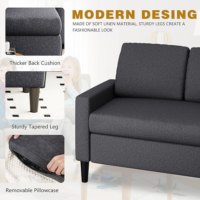 Shintenchi Convertible Sectional Sofa 3 Seat L Shaped Sofa with Movable Ottoman Linen, Black