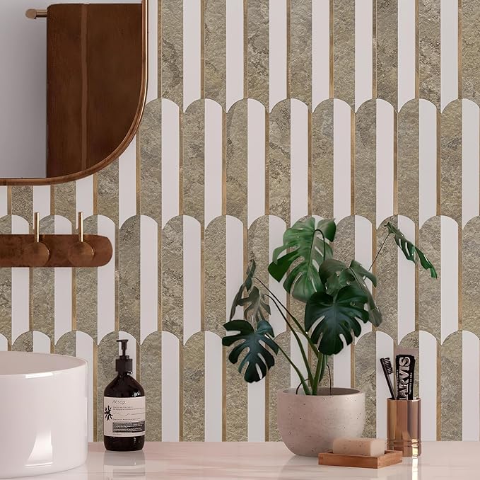 Vamos Tile Peel and Stick Backsplash Seamless Tile,10 Sheets Stick on Backsplash for Kitchen & Bathroom,Coffee Brown+Matt Pure White Marble Look+Brown Gold Metal Self Adhesive Backsplash Tile