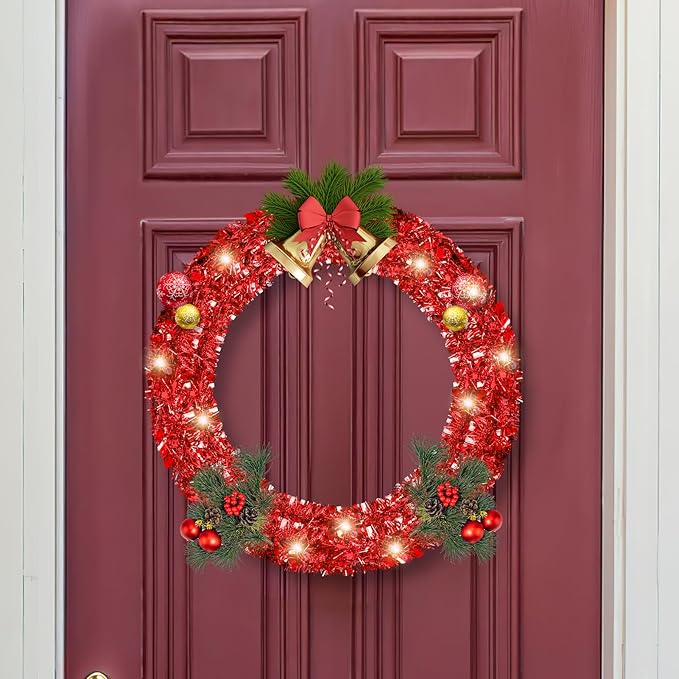 50FT Red Christmas Tinsel Garland, Metallic Twist Shiny Hanging Garland Ornaments for Xmas Tree Party Supplies Thick Thin Metallic Streamers for Indoor Outdoor Decor