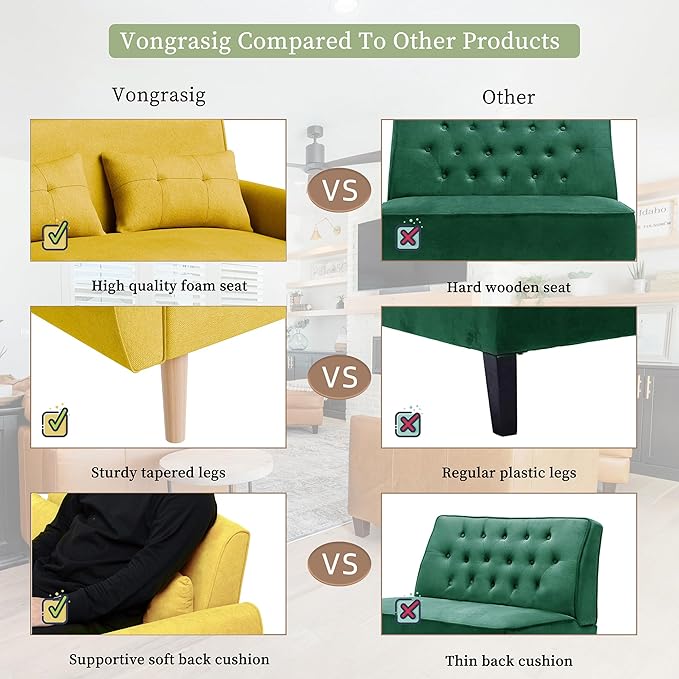 Vongrasig 47" Modern Loveseat Sofa Mid Century Linen 2 Seat Couch Tufted with Back Cushions and Tapered Legs, Yellow