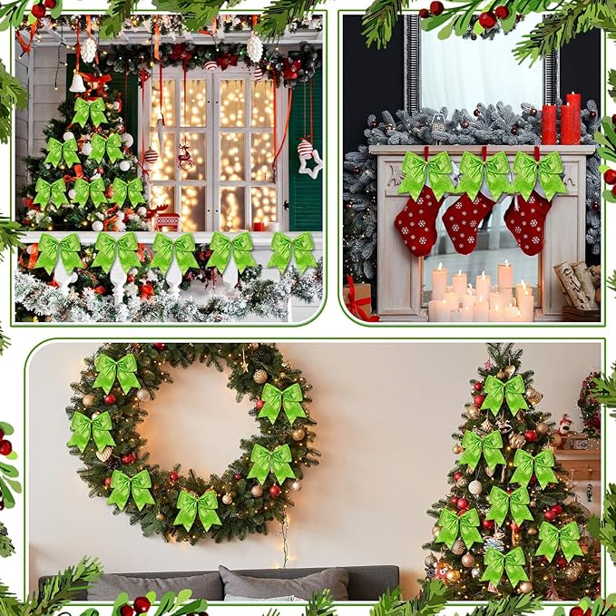 Cindeer 24 Pcs Lime Green Christmas Bow Decorations 6 x 6 Inches, Glitter Holiday Ornaments Sequin Ties Bows for Xmas Tree, Wreath, DIY Crafts, Gift Wrapping, Party Decor