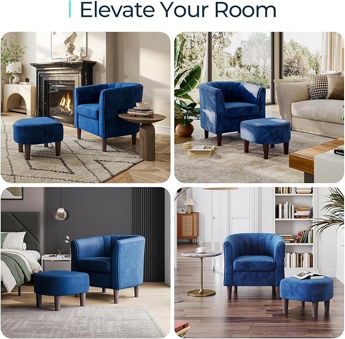 LINSY Accent Chair with Ottoman, Modern Armchair Comfy Barrel Reading Chair with Footrest for Living Room Bedroom Reading Room, Velvet, Blue