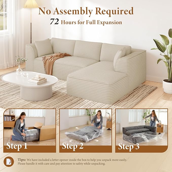 Vesgantti 106" Modular Sectional Sofa with Chaise, Deep Seat Comfy Cloud Couch Corduroy L Shaped Sofa Sectional Couches for Living Room Bedroom, No Assembly Required (Camel, Right-Facing Chaise)