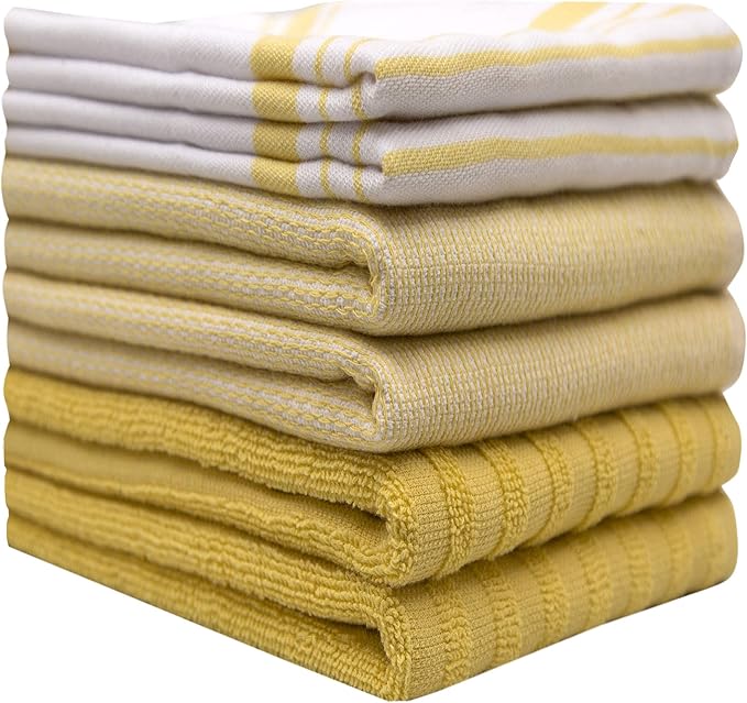 Premium Kitchen Towels 6 Pack Large Cotton Flat Terry Absorbent Tea Towels with Hanging Loop Yellow Striped 20x28
