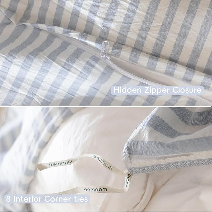 MooMee Striped Duvet Cover Set 100% Washed Cotton Linen Like Textured Breathable Durable Soft Comfy (Cornflower Blue White Classic Stripes, Oversized Full 82"x86")