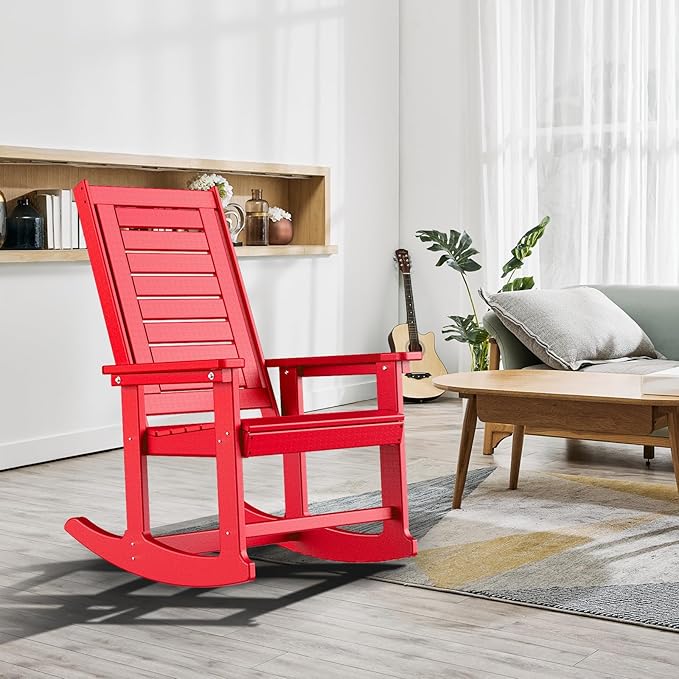 GREENVINES Outdoor Rocking Chair Set | 3-Piece | 2 Rocking Chairs with 1 Side Table | Porch Rocker | HDPE Plastic | Red | Patio Furniture Sets | High Back | Big & Tall | Ladder Back